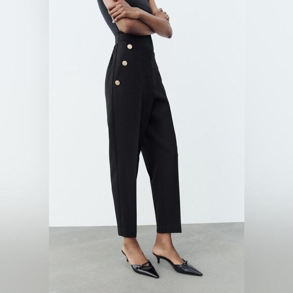 Zara Black BUTTONED STRAIGHT LEG PANTS Size Small - Picture 2 of 12